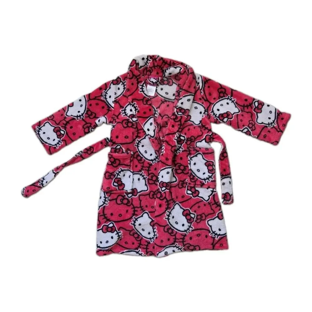 Hello Kitty Plush Fleece Bath Robe Pink Belted Kids Size 6 Cozy Sanrio EUC